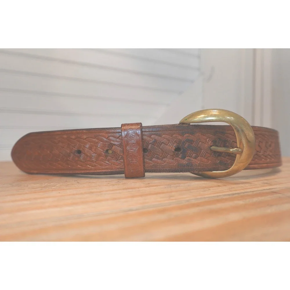 Vintage Triple K Belt Size 42 Brass Buckle Preloved Basketweave Brown Leather
